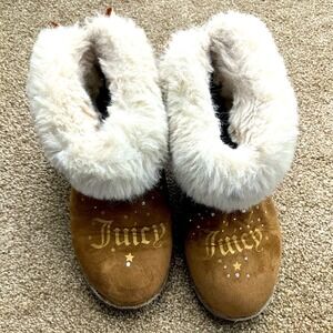 Juicy Couture Faux Fur‎ Lined Brown Leather Ankle Boots with Bow Girls US Size 4